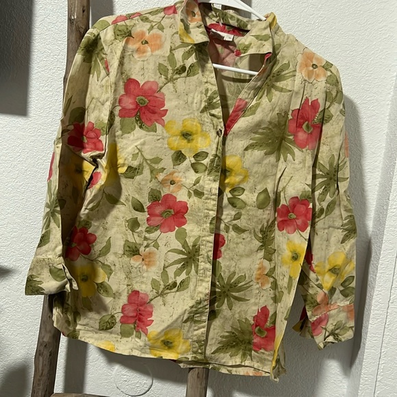 Tops - Linen floral tropical shirt, size 14 can fit like M-L